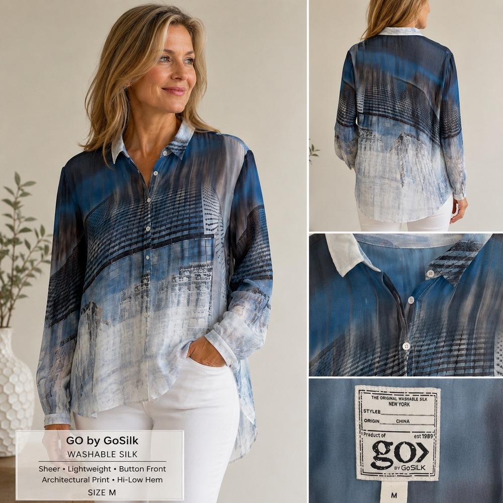 Go Silk Blouse Women M Blue Cityscape Print Sheer Washable Silk High Low Top